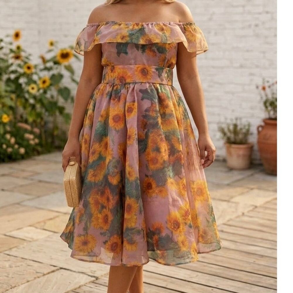 Selkie Sunflower sheer iridescent Organza Ruffle layered spin Dress Cottagecore